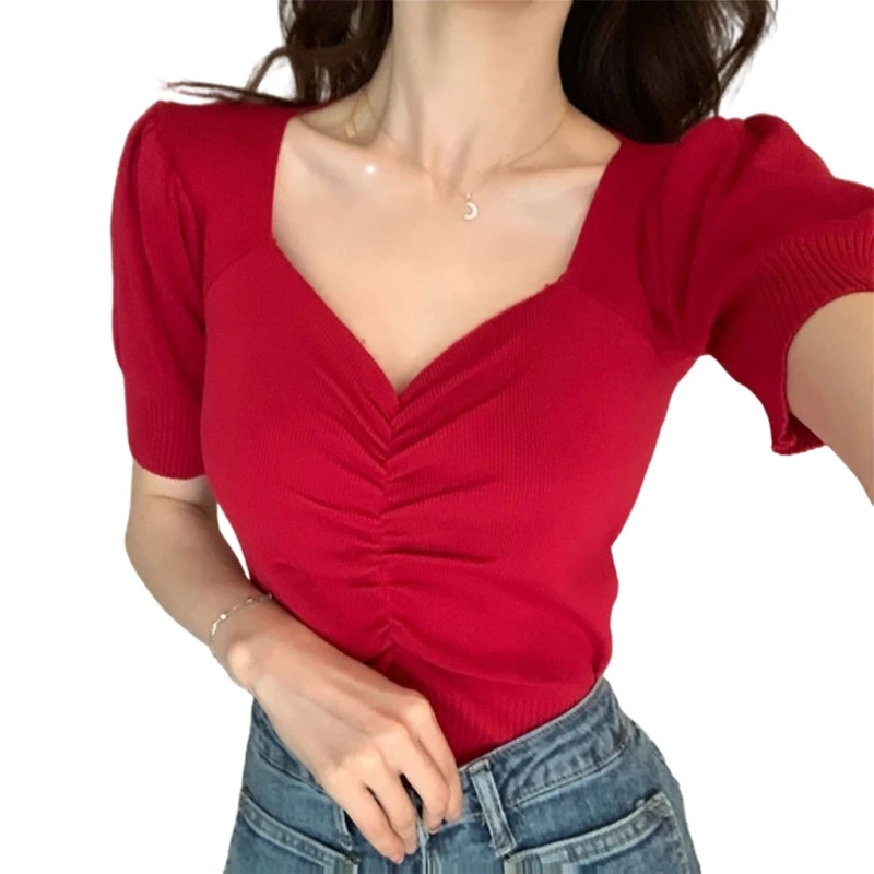 Женский трикотажный укороченный топ с коротким рукавом, сексуальная простая однотонная Повседневная облегающая футболка с глубоким V-обра... 
Женский трикотажный укороченный топ с коротким рукавом, сексуальная простая однотонная Повседневная облегающая футболка с глубоким V-обра...
