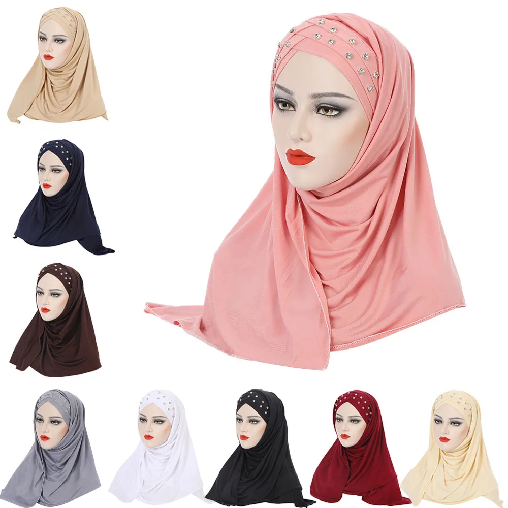 

Muslim Instant Scarf Plain Hijabs with Diamonds Shawls and Wraps Femme Musulman Hijab Ready To Wear Turban Women Head Scarves