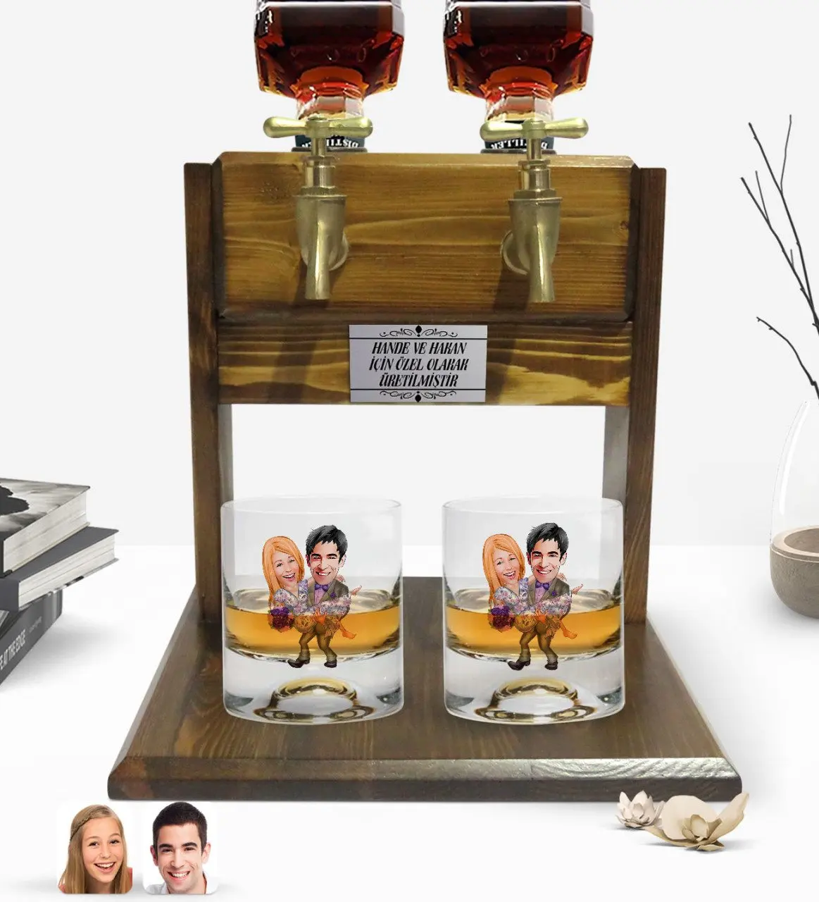 Personalized Colorful Printed Valentine Caricature Of Dual Whisky cup And Double Tap Natural Wooden Whiskey Standı-56
Personalized Colorful Printed Valentine Caricature Of Dual Whisky cup And Double Tap Natural Wooden Whiskey Standı-56