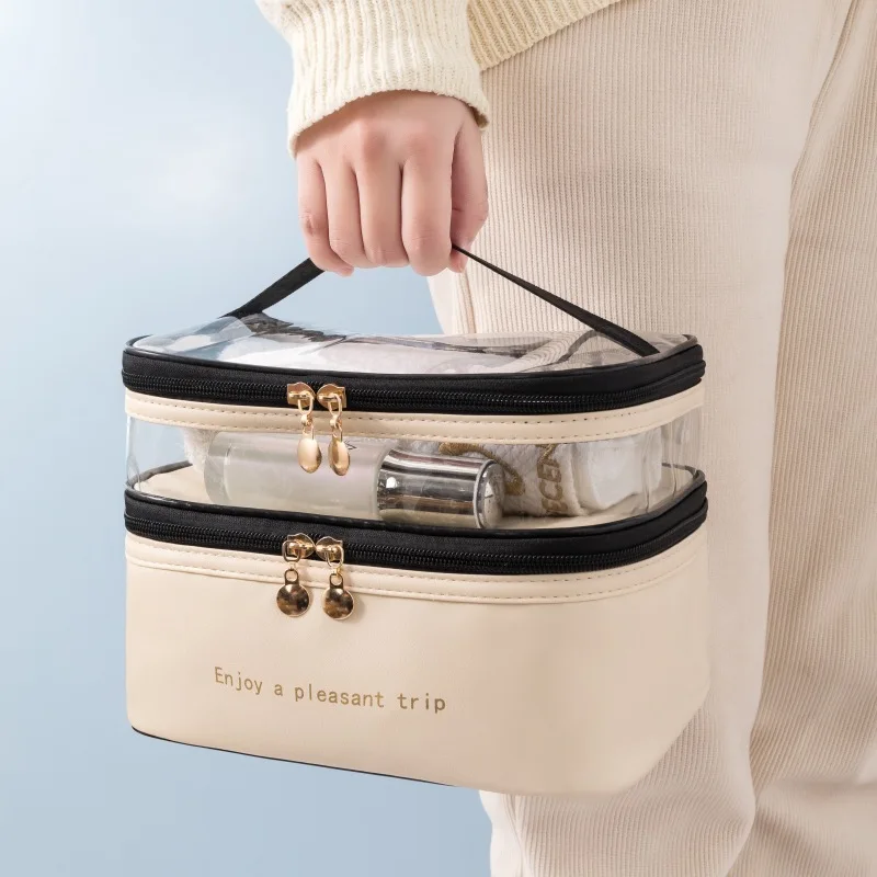 Double layer makeup bag, solid color, transparent wash, portable, fashionable, waterproof, travel, portable storage bag
Double layer makeup bag, solid color, transparent wash, portable, fashionable, waterproof, travel, portable storage bag