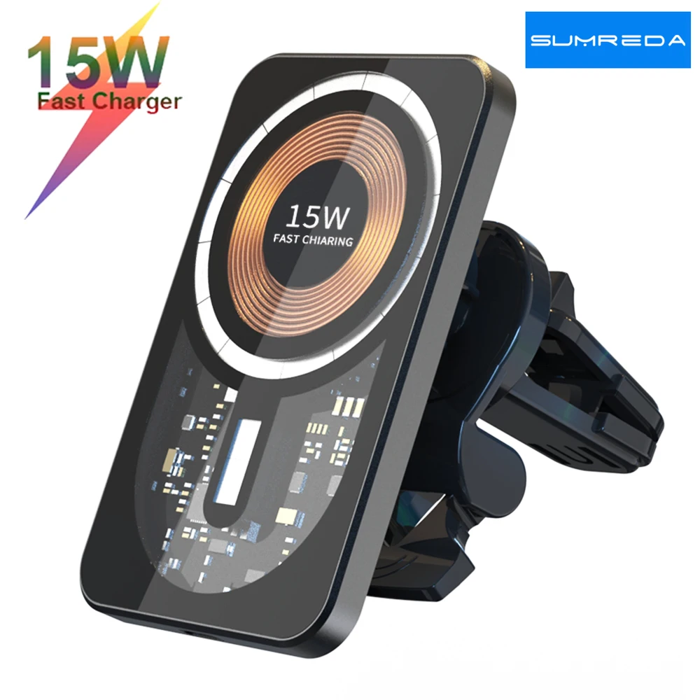 

Магнитное беспроводное автомобильное зарядное устройство 15 Вт для iPhone 13 12 Pro Max, мини-зарядная станция из прозрачного стекла Macsafe, держатель для телефона с креплением на вентиляционное отверстие