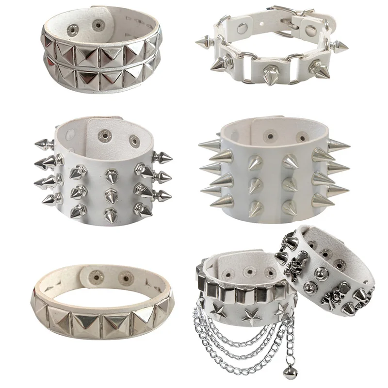 

PU Leather White Studded Bracelet Punk Bracelet Adjustable Goth Cuff Bracelet Gothic Rivet Buckle Wristband for Men Women