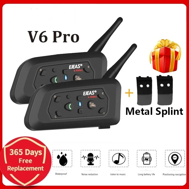 

EJEAS V6 PRO Bluetooth Motorcycle Helmet Intercom Headset with 1200M BT Interphone Communicator for 6 Riders Waterproof