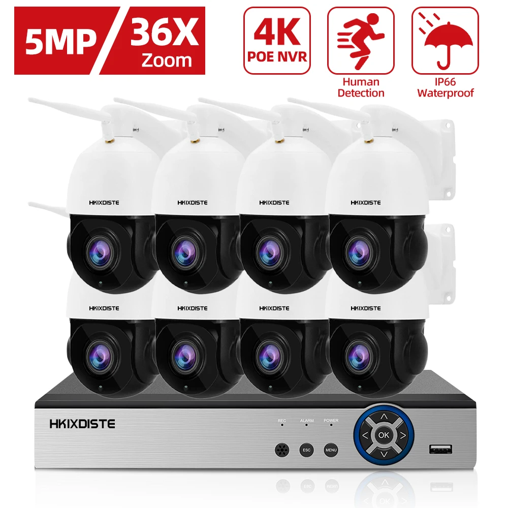 

5MP HD Two Way Audio WiFi IP Camera Kit Outdoor 36X Zoom POE Security PTZ Camera 8CH NVR POE Human Detection CCTV Cam System P2P