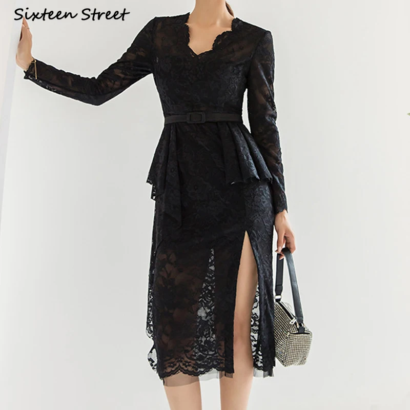 Vintage Black Lace Dresses Women with Belt Long Sleeve V Neck Ruffles Elegant Bodycon Dress Runway Design Business OL Clothing
Vintage Black Lace Dresses Women with Belt Long Sleeve V Neck Ruffles Elegant Bodycon Dress Runway Design Business OL Clothing