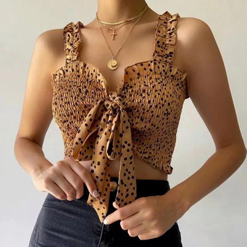 

Polka Dot Ruffles Strap Vest Summer Sexy Open Front Tie Up Tank Tops Women Lace Frill Tube Crop Tops Chic Lady Bowknot Tanks