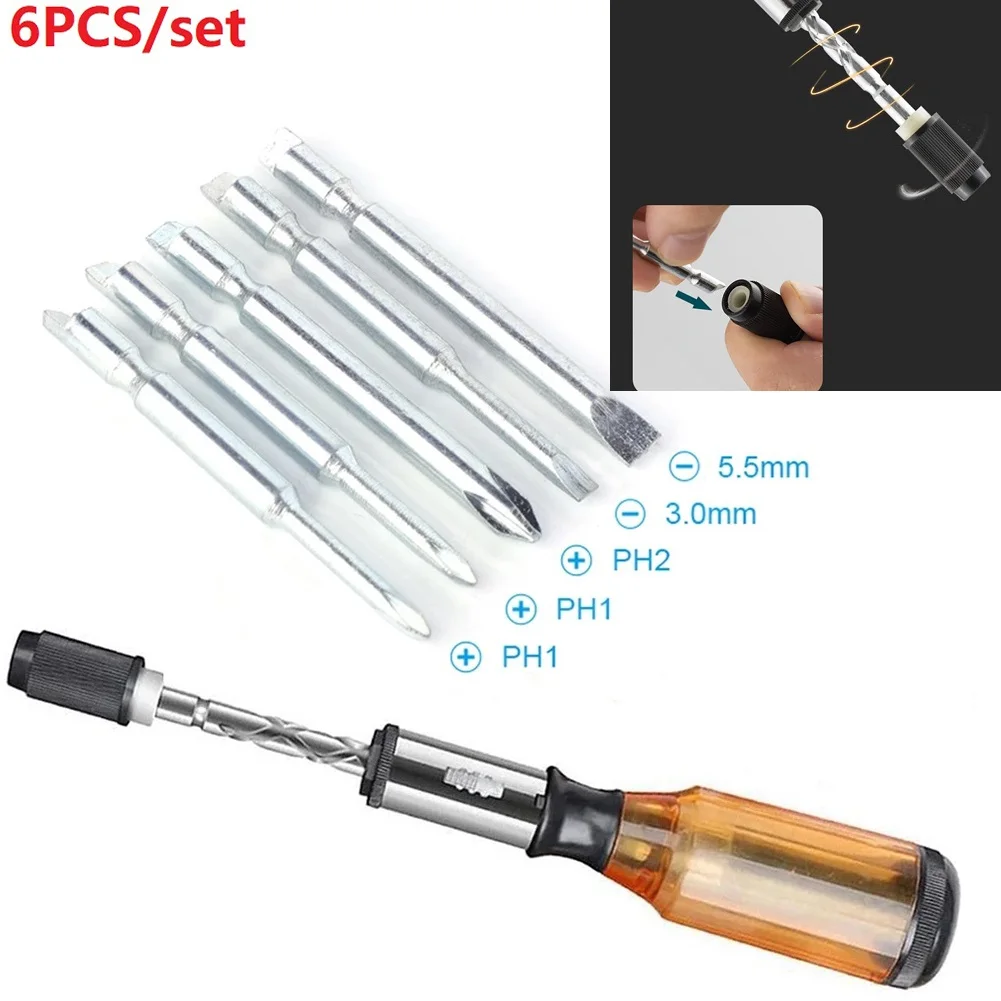 

Push Pull Ratchet 6 In 1 Press Type Semi-automatic Rotary Spiral ScrewDriver Bit Multifunctional Tool Kit 34 *220mm