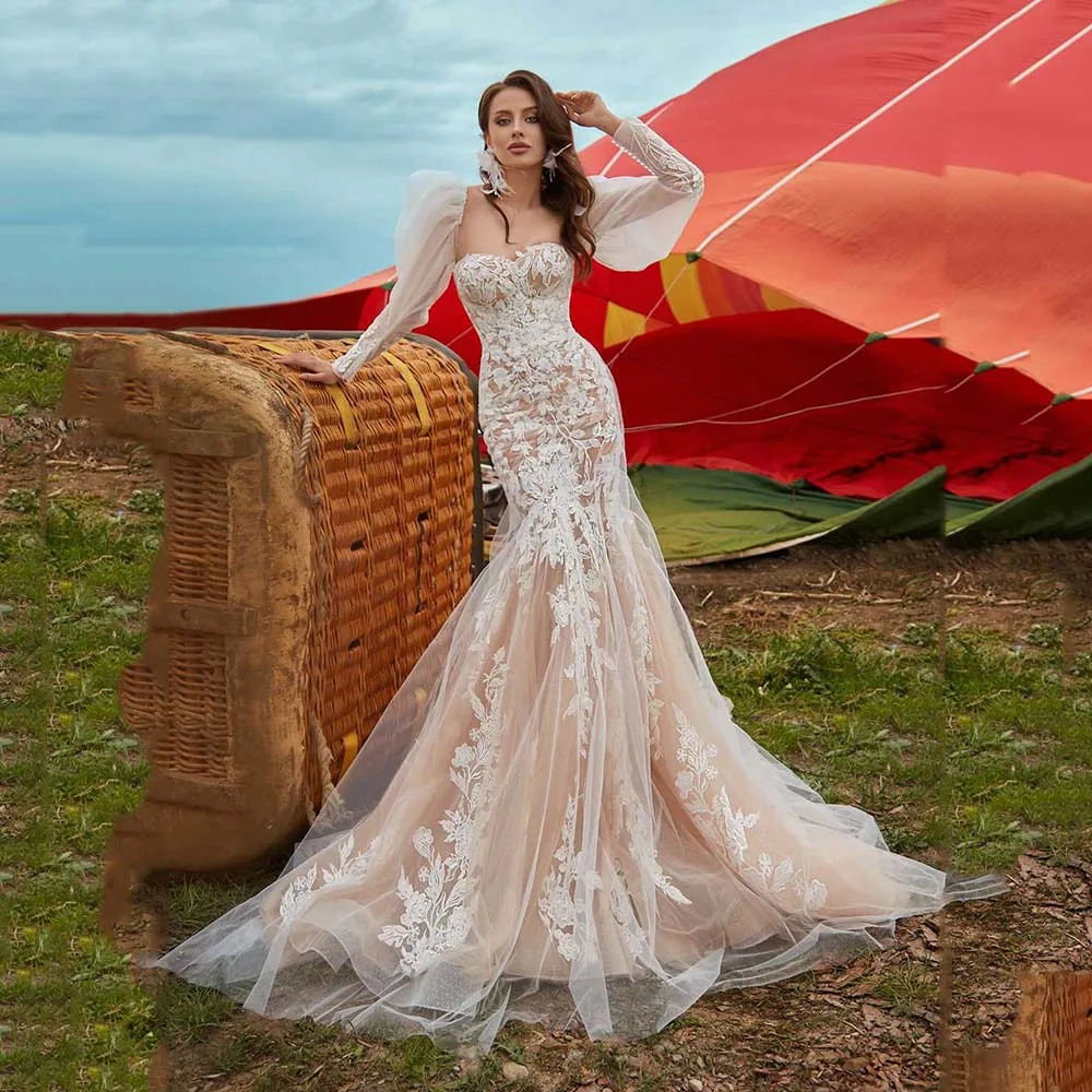 Luxury Wedding Dresses 2022 New Lace Appliques Sweetheart Bridal Gown Illusion Tulle Puff Sleeve Mermaid Bride Dress For Women
Luxury Wedding Dresses 2022 New Lace Appliques Sweetheart Bridal Gown Illusion Tulle Puff Sleeve Mermaid Bride Dress For Women
