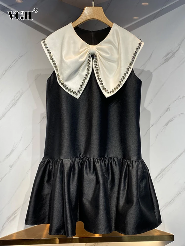 VGH Sweet Dress For Women Round Neck Patchwork Bowknot Diamonds Sleeveless High Waist Mini Dresses Female 2022 Summer Clothing
VGH Sweet Dress For Women Round Neck Patchwork Bowknot Diamonds Sleeveless High Waist Mini Dresses Female 2022 Summer Clothing