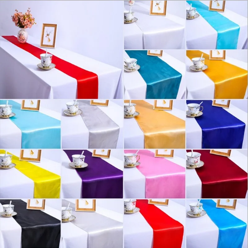 

Cheap 10pc Satin Table Runners White/Red/Black/Gold/Silver/Champagne 18 Color 30*275cm For Wedding Hotel Banquet Home Decoration