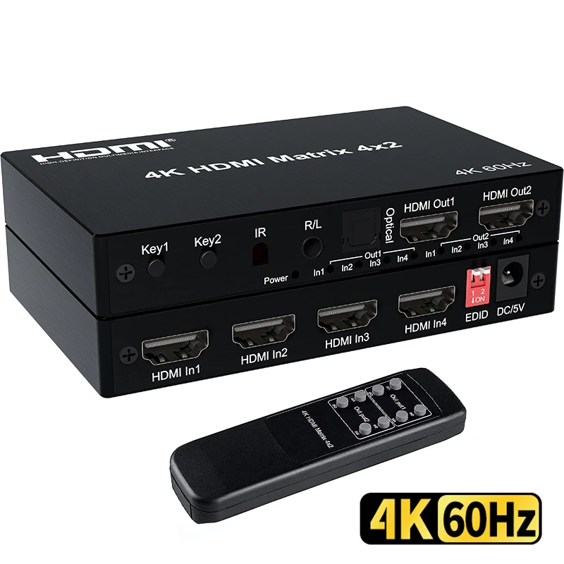 

4K 60Hz HDMI Matrix Switcher 4x2 2x4 HDMI Switcher Splitter 4 in 2 out with Optical + 3.5mm Audio Out Extractor with IR Remote