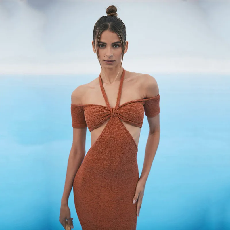 Summer Khaki Sexy Party Dress Halter Neck Hollow Out Bandage Short Sleeve Women Black Knit Midi Dress 2022
Summer Khaki Sexy Party Dress Halter Neck Hollow Out Bandage Short Sleeve Women Black Knit Midi Dress 2022
