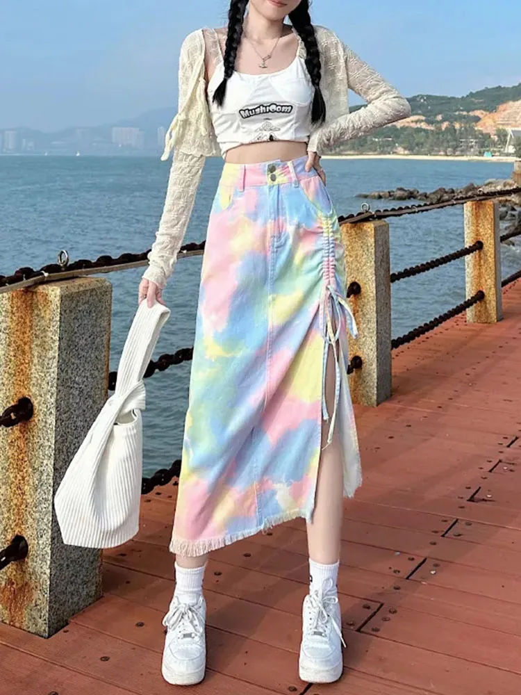 Jmprs Tie Dye Women Denim Skirts Fashion Tassel Split Summer Jeans Long Skirt High Waist Drawstring Female Skirt New
Jmprs Tie Dye Women Denim Skirts Fashion Tassel Split Summer Jeans Long Skirt High Waist Drawstring Female Skirt New