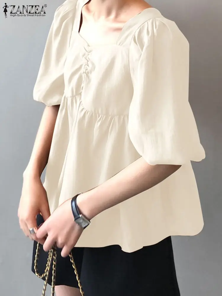 

Блузка ZANZEA Женская Повседневная свободного покроя, модный однотонный топ с квадратным вырезом, с пышными рукавами, в Корейском стиле, с рюшами спереди, на лето