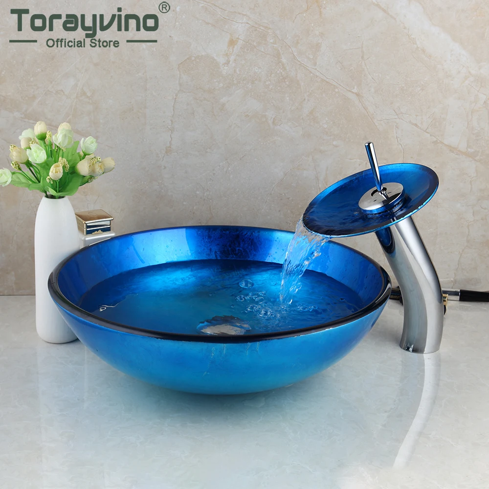 

Torayvino New Waterfall Blue Hand Paint Bowl Sinks / Vessel Basins Washbasin Tempered Glass Basin Sink Faucet Tap Set