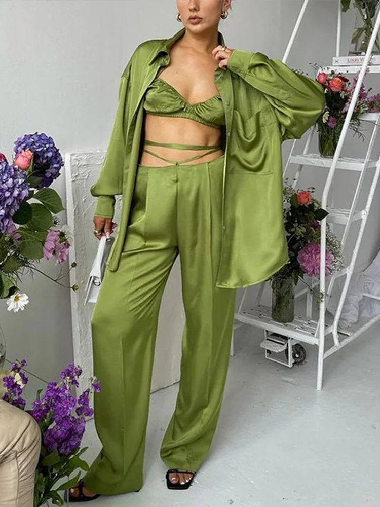 Women Solid Satin Three Piece Set Elegant Loose Long Sleeve Coat Female Casual High Waist Wide Leg Pant Suit
Women Solid Satin Three Piece Set Elegant Loose Long Sleeve Coat Female Casual High Waist Wide Leg Pant Suit