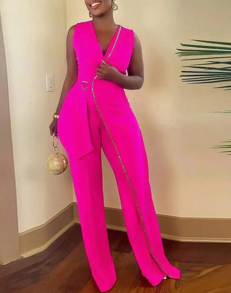 One Pieces Women Set Metal Decor Sleeveless V-Neck Jumpsuit Loose Sleeveless Resort Beach Wide Leg Pants Jumpsuit Club Outfits
One Pieces Women Set Metal Decor Sleeveless V-Neck Jumpsuit Loose Sleeveless Resort Beach Wide Leg Pants Jumpsuit Club Outfits