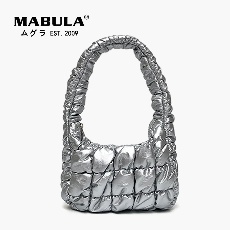 

MABULA Women Silver Pillow Shoulder Purse Lightweight Pu Feather Padded Underarm Hobo Bag Winter Quilted Bubble Tote Handbag
