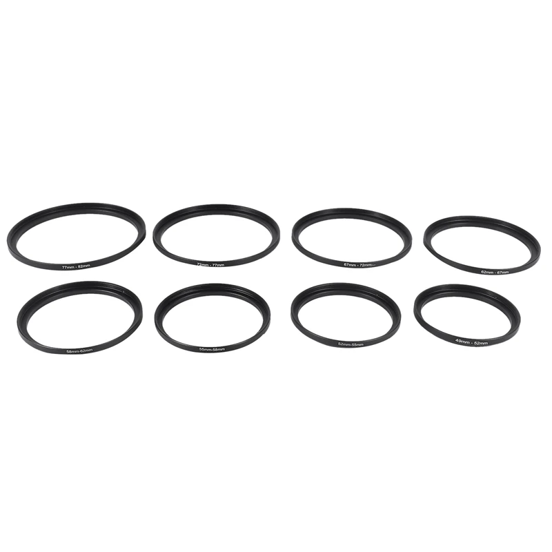 

8 Pieces Step-Up Adapter Ring Set,Includes 49-52Mm, 52-55Mm, 55-58Mm, 58-62Mm, 62-67Mm, 67-72Mm, 72-77Mm, 77-82Mm-Black