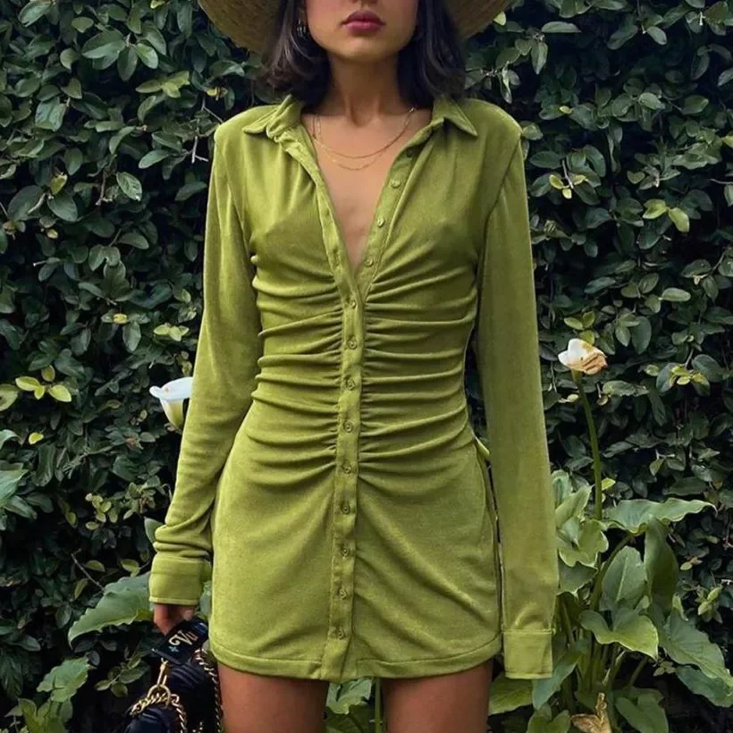 Women Ruched Shirt Dresses Turn Down Collar Long Sleeve Slim Mini Dress Sexy Party Club Solid Green Bodycon Dresses Vestidos|Dre
Women Ruched Shirt Dresses Turn Down Collar Long Sleeve Slim Mini Dress Sexy Party Club Solid Green Bodycon Dresses Vestidos|Dre