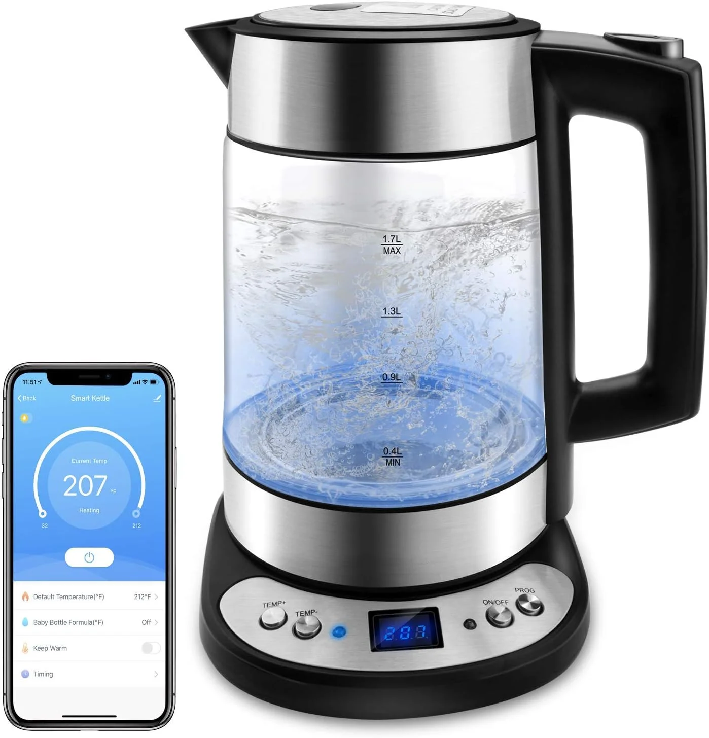 

Water Kettle Glass Heater Boiler Suitable for WIFI APP Alexa Google Home Assistant 1.7 L Great for Coffee Tea Milk With Overheat