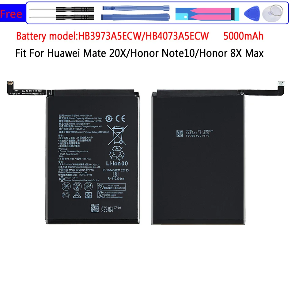For Huawei HB3973A5ECW HB4073A5ECW 5000mAh Battery For HUAWEI Honor 8X Max 8XMax/For Honor Note 10 Note10/Mate 20X 20 X EVR-AL00
For Huawei HB3973A5ECW HB4073A5ECW 5000mAh Battery For HUAWEI Honor 8X Max 8XMax/For Honor Note 10 Note10/Mate 20X 20 X EVR-AL00