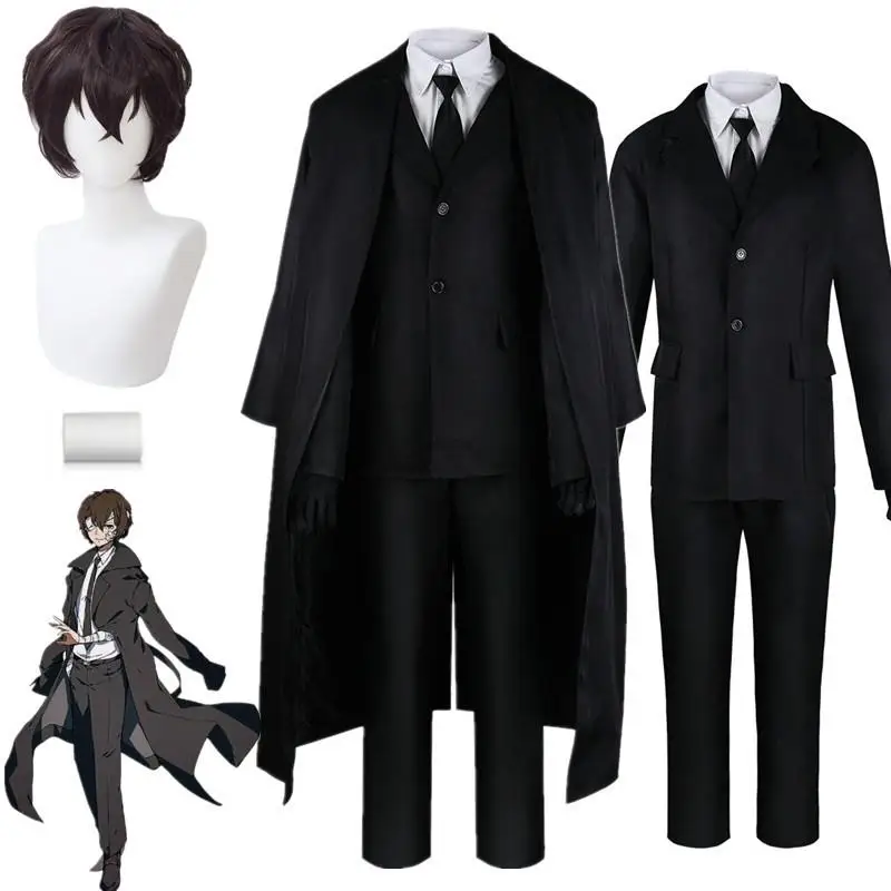 

Anime Bungo Stray Dogs Dazai Osamu Cosplay Costume Black Trench Cloak Suits Outfit Uniform Halloween Christmas Party Clothes