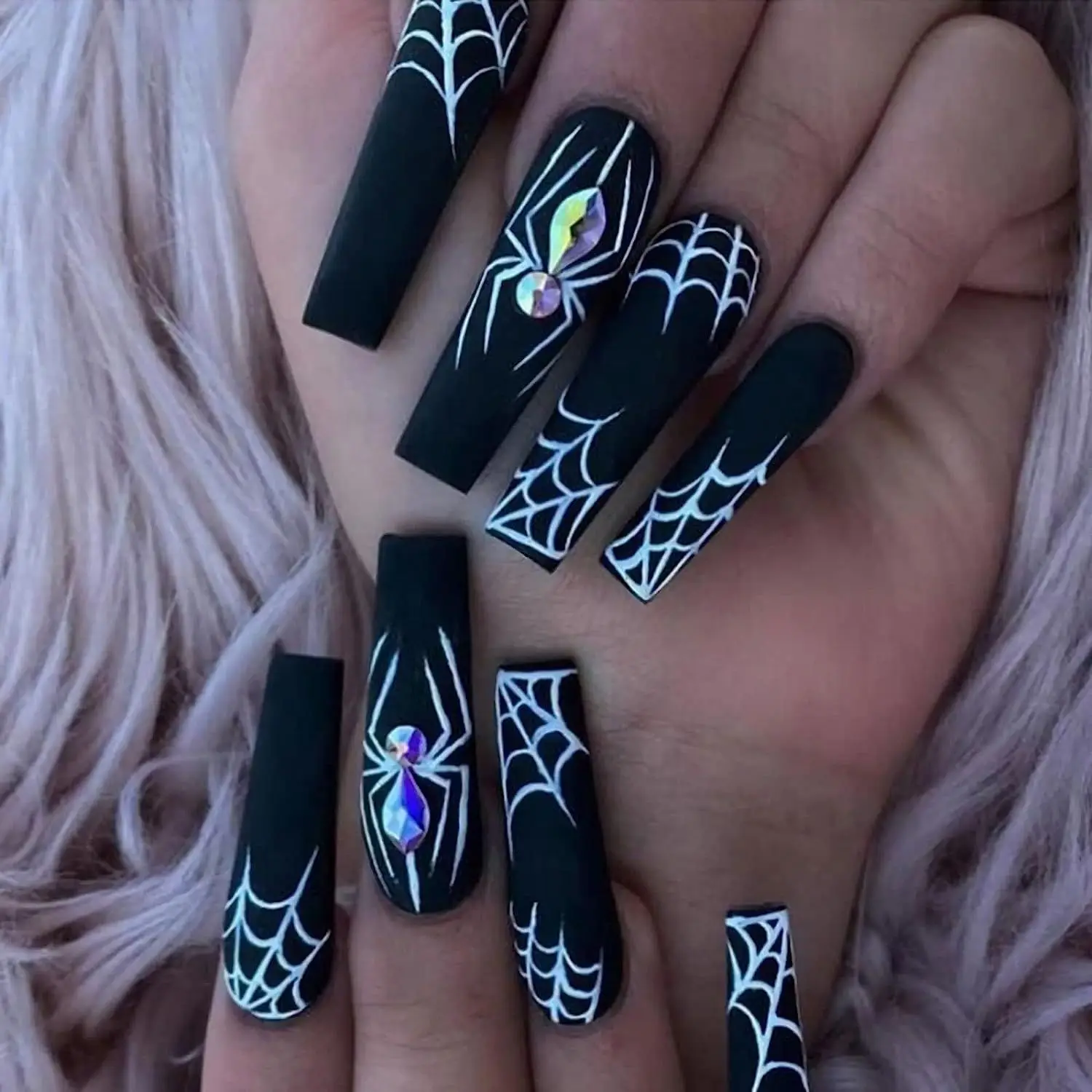 24Pc Halloween Press on Nails Long Coffin White Spider Web Fake Nails with Rhinestones Stick on Nail Black False Nails for Women
24Pc Halloween Press on Nails Long Coffin White Spider Web Fake Nails with Rhinestones Stick on Nail Black False Nails for Women