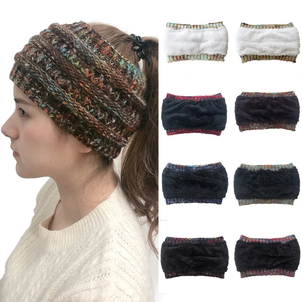 

Women Outdoor Solid Plush Splice Hats Crochet Knit Holey Beanie Cap Headband Winter Warmer Ear Knitted Headband For Women