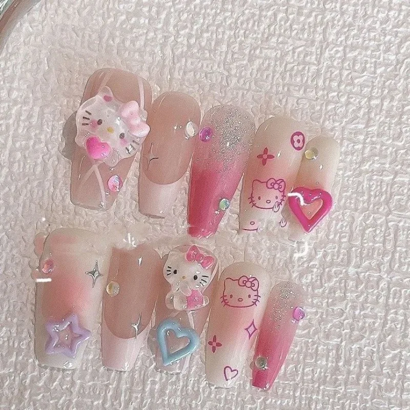 

Hello Kitty Kawaii Sanrio патч для ногтей милый мультфильм милая девушка сердце хорошо выглядит ручной работы съемные ногти в виде снежинок подарок для девочек