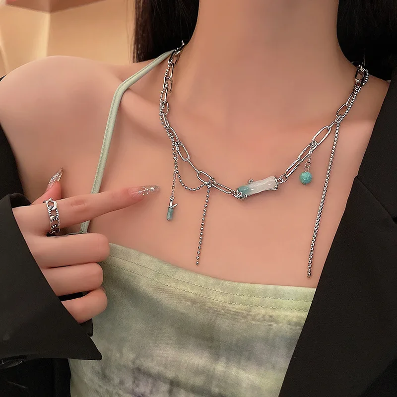 

Bamboo Cross Tassel Necklace Female Light Luxury Retro Niche Cold Wind Collarbone Chain Design Sense Advanced Neck Chain