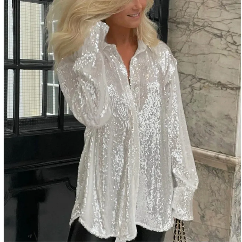 Женская винтажная блузка с длинным рукавом, V-образным вырезом и блестками 
Женская винтажная блузка с длинным рукавом, V-образным вырезом и блестками