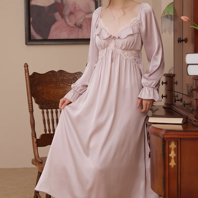 

Элегантная атласная ночная рубашка, женское сказочное Ночное платье, сексуальное кружевное платье с оборками и длинным рукавом, романтичное шелковое ночное белье, одежда для сна принцессы