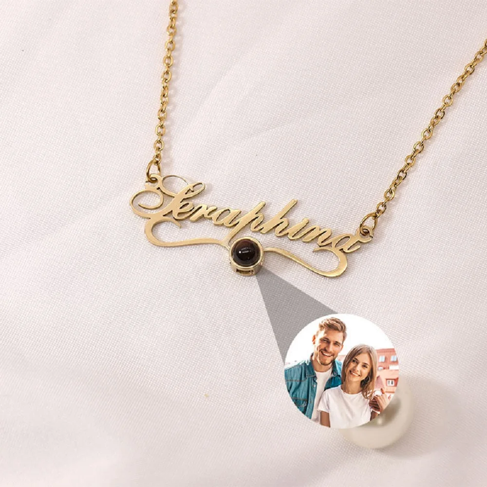 

Custom Photo With Name Projection Necklace Personalized Stainless Steel Letter Pendant Personality Creative Unique Gift ForFemme