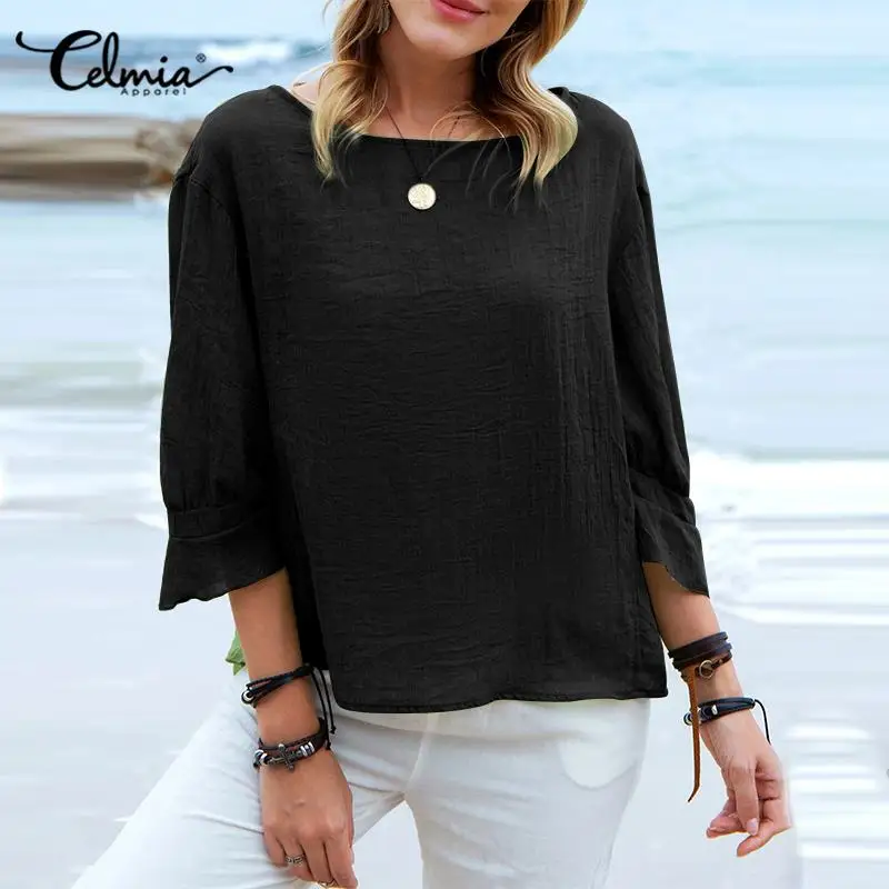 Celmia Casual Splicing Cuffs Ladies Blusas Leisure Cotton O Neck 2022 Summer Tunic Top Women Asymmetrical Hem 3/4 Sleeve Blouses 
Celmia Casual Splicing Cuffs Ladies Blusas Leisure Cotton O Neck 2022 Summer Tunic Top Women Asymmetrical Hem 3/4 Sleeve Blouses