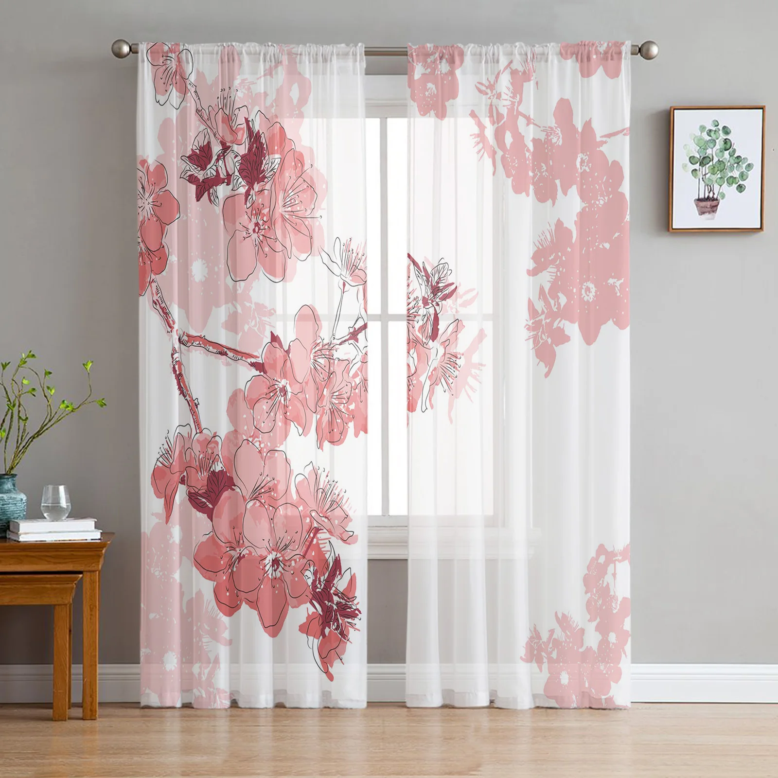 

Японские розовые прозрачные шторы с цветами вишни для гостиной, спальни, вуаль, драпировка для кухонного окна, тюлевые занавески, товары для...