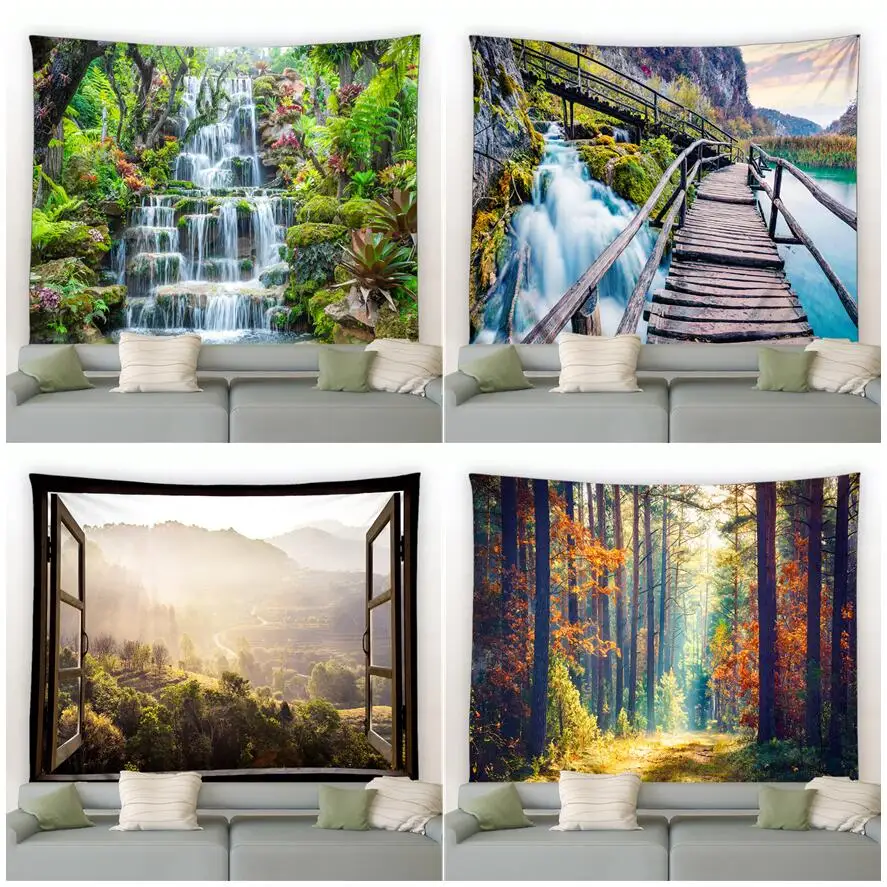 

Natural Waterfall Landscape Tropical Plants Autumn Forest Landscape Garden Wall Hanging Home Living Room Decoration Tapestry