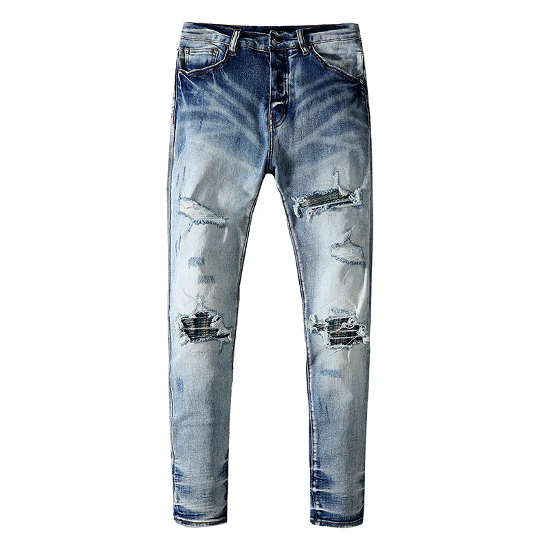 New 2022AM fashion light blue high street style retro old jeans for men elastic slim fit ripped patch denim pants men's trousers
New 2022AM fashion light blue high street style retro old jeans for men elastic slim fit ripped patch denim pants men's trousers