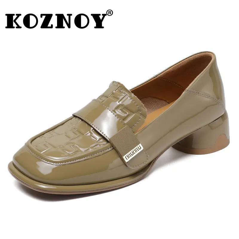 

Koznoy 4cm Patent Genuine Leather Summer Ladies Square Toe Fashion Flats Slip on Leisure Shallow Party Working Soft Soled Shoes