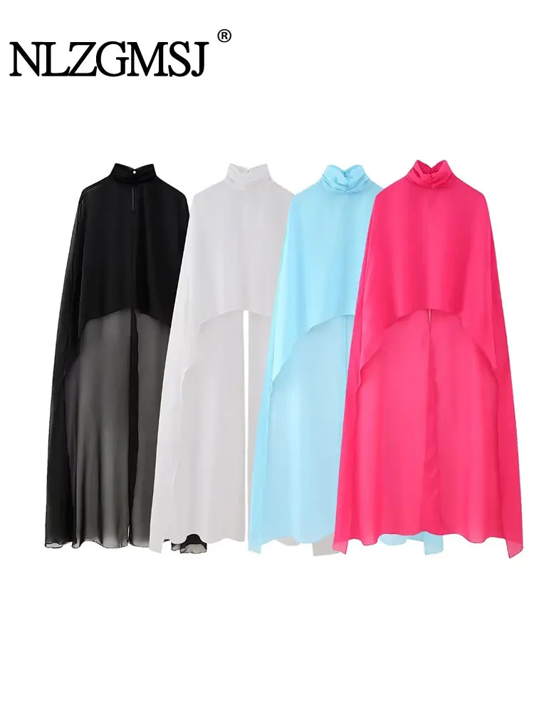 

Nlzgmsj TRAF Women Fashion Turtleneck Collar Asymmetrical Chiffon Smock Blouse Female Tulle Cape Shirt Blusas Chic Cloak Tops