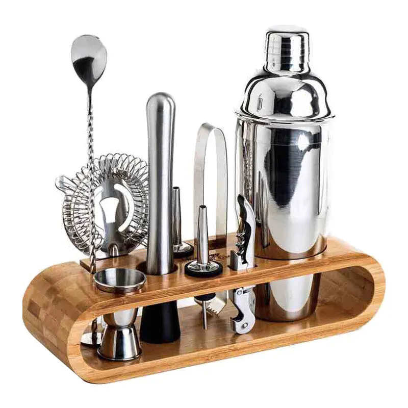 

Stainless Steel Bars Barware Cocktail Shaker Set With Bamboo Stand Jigger Spoon Tong Bartender Tools Kit Whisky Wine Mixed Drink