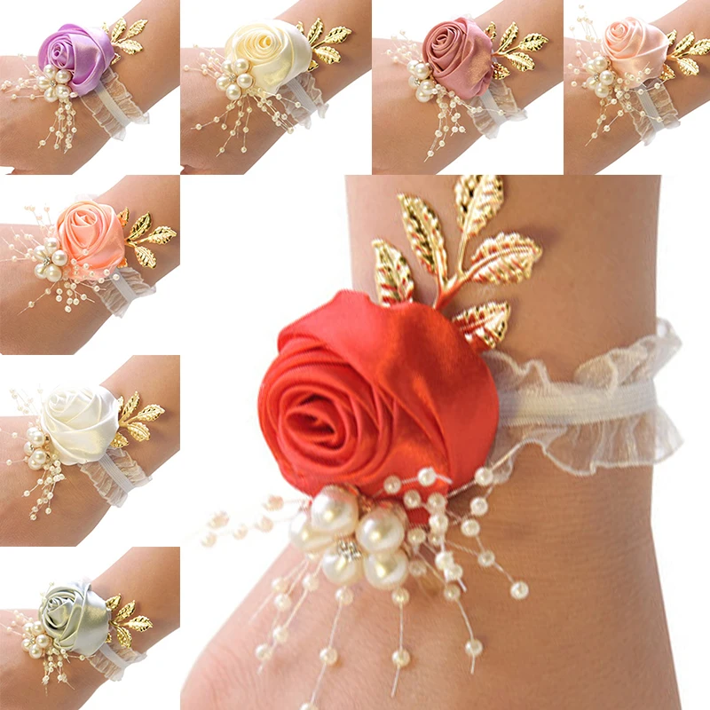 

1PC Bridesmaids Hand Flowers Bride Wrist Flower Elegant Romantic Wedding Pearl Bracelet Accessorie Gift