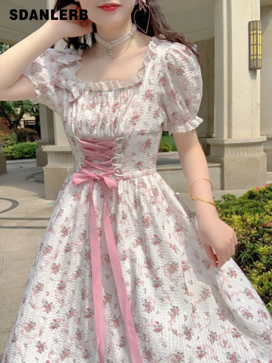French Style Elegant Princess Dress Temperamental Waist Slimming Short Sleeve Sweet Floral Lace-up Dress for Women Summer
French Style Elegant Princess Dress Temperamental Waist Slimming Short Sleeve Sweet Floral Lace-up Dress for Women Summer