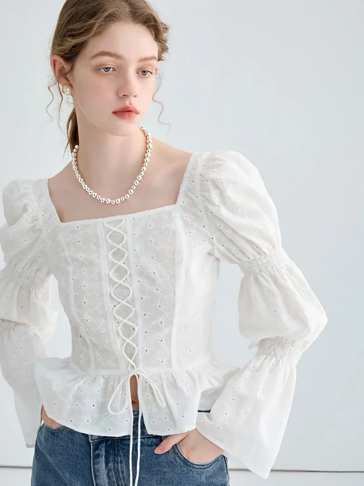 Женская блузка с квадратным вырезом, белая ажурная блузка на завязках с оборками и пышными рукавами, лето
Женская блузка с квадратным вырезом, белая ажурная блузка на завязках с оборками и пышными рукавами, лето