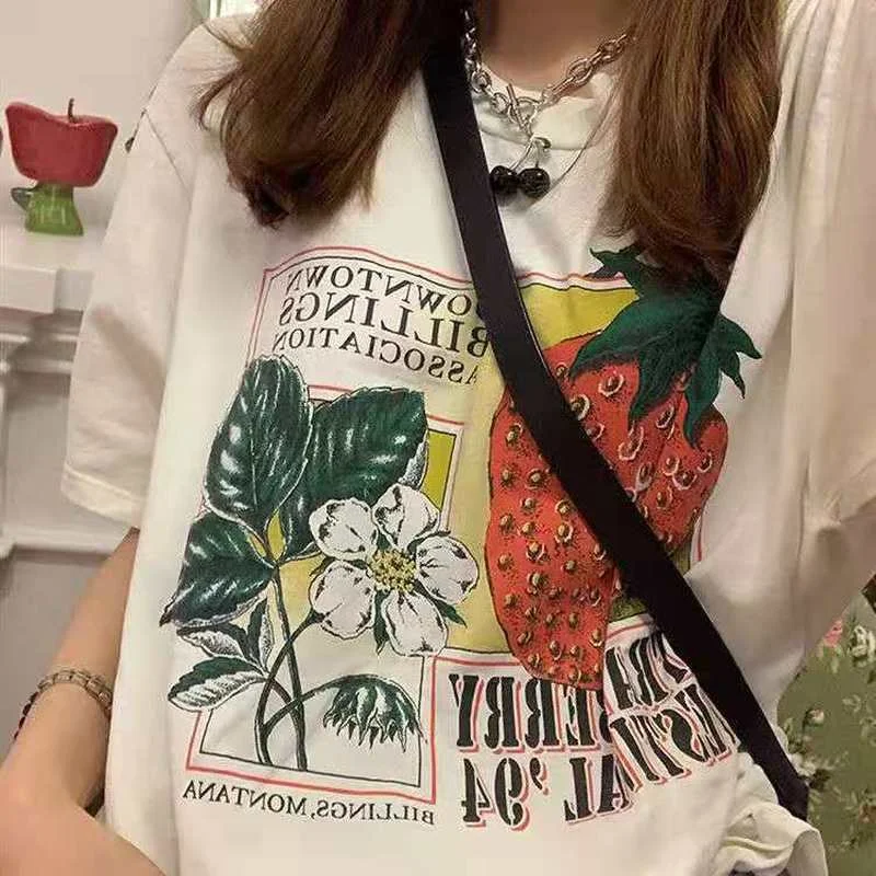 White Vintage Strawberry Print Aesthetic Graphic Tees Women Cotton Short Sleeve Tops Summer Plus Size Tshirts Casual Fashion Tee
White Vintage Strawberry Print Aesthetic Graphic Tees Women Cotton Short Sleeve Tops Summer Plus Size Tshirts Casual Fashion Tee