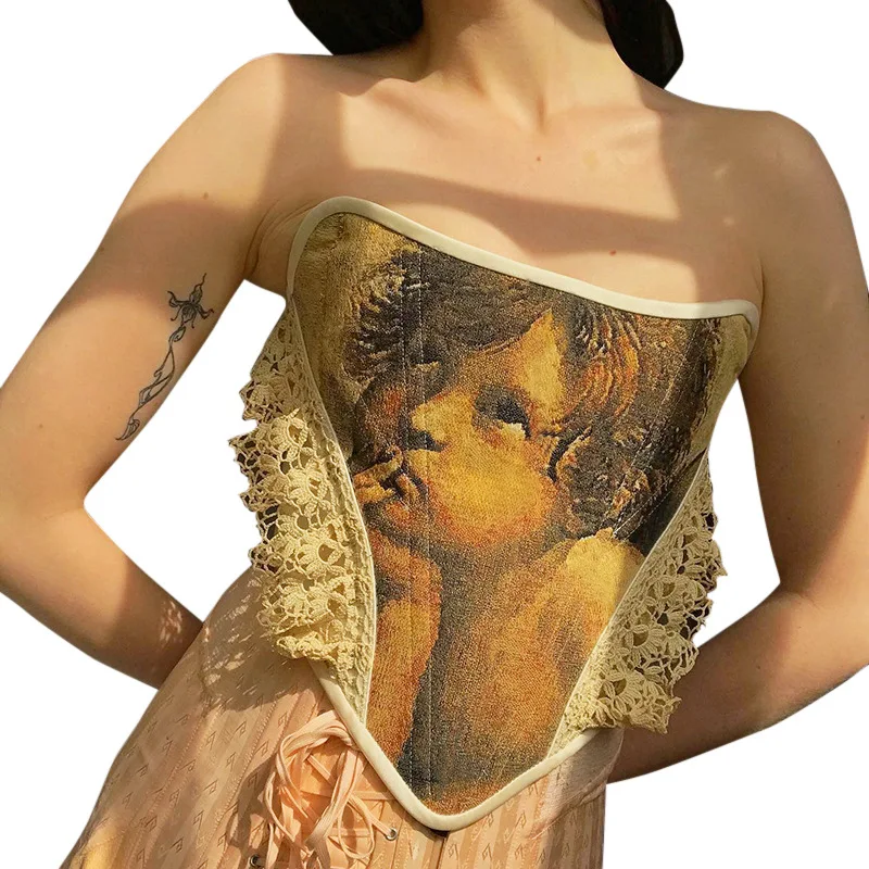 Cartoon Printed Tank Tops Backless Ribbons Corset Strapless Girdling England Style Tunic Tight Waist Lace Ruffles Vintage Retro
Cartoon Printed Tank Tops Backless Ribbons Corset Strapless Girdling England Style Tunic Tight Waist Lace Ruffles Vintage Retro