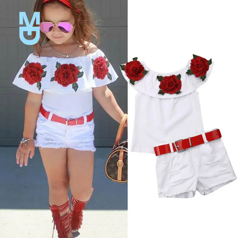 New Kids Clothes Girls Rose Flower Off Shoulder Tops+Denim Shorts Baby Girl Summer Outfits Toddler 2PCS Clothes
New Kids Clothes Girls Rose Flower Off Shoulder Tops+Denim Shorts Baby Girl Summer Outfits Toddler 2PCS Clothes