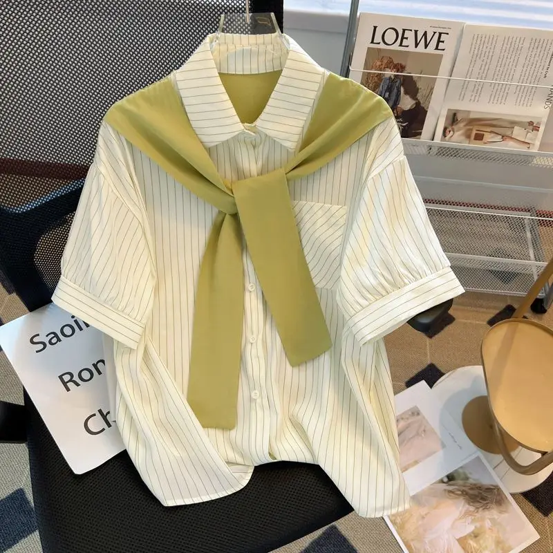 Girls' Shawl Striped Shirt Short Sleeve Summer New Style Workplace Light Mature French High-Grade Shirt Light Luxury Top
Girls' Shawl Striped Shirt Short Sleeve Summer New Style Workplace Light Mature French High-Grade Shirt Light Luxury Top