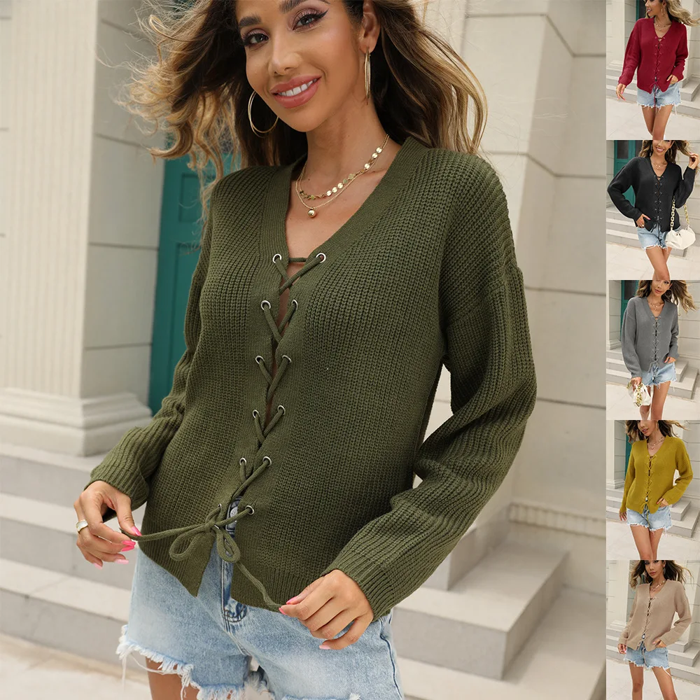 Sweater women's 2022 autumn and winter new solid color V-neck hollow lace-up knitted sweater
Sweater women's 2022 autumn and winter new solid color V-neck hollow lace-up knitted sweater