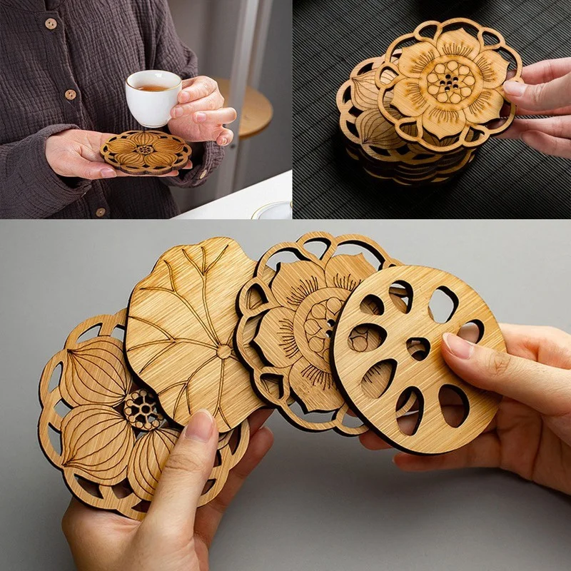 

Bamboo Coaster Mat Wooden Round Shape Lotus Root Cup Table Tea Coffee Placemats for Table Kitchen Accessories